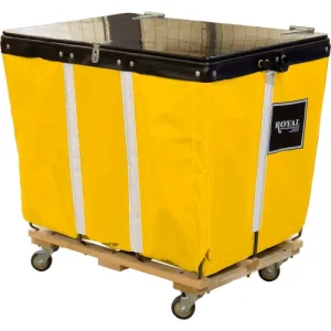 Royal Basket Trucks® PVC Hinged Top Basket Truck, 18 Bu, Yellow Vinyl, Wood Base, All Swivel